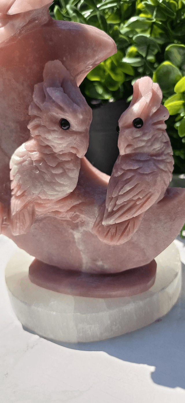 Hand Carved Pink Opal Cockatiels on a Moon
