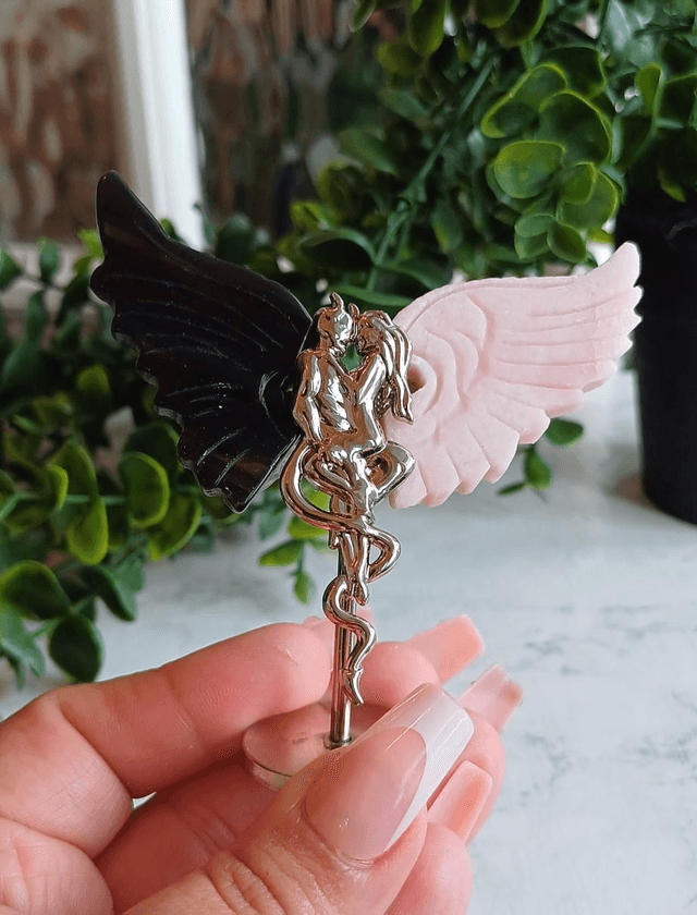 Pink Opal & Agate Angel and Demon Lover Wings on Stand