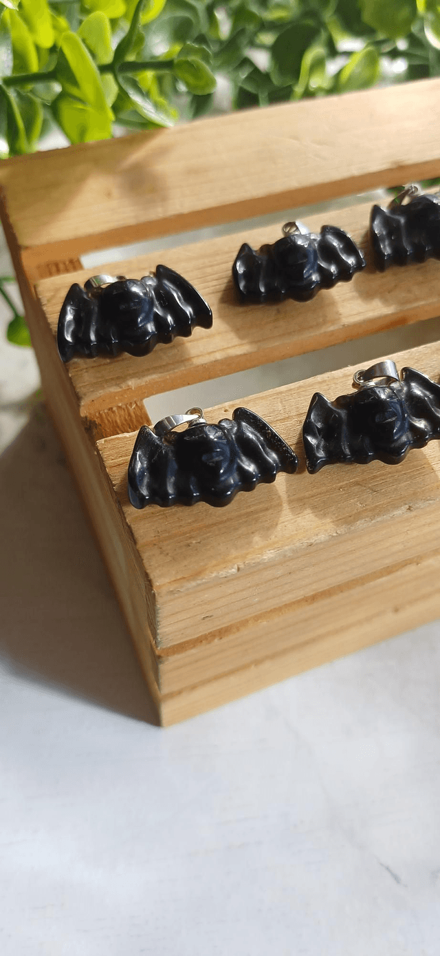 Obsidian Cute Bat Pendant with 925 silver plated chain