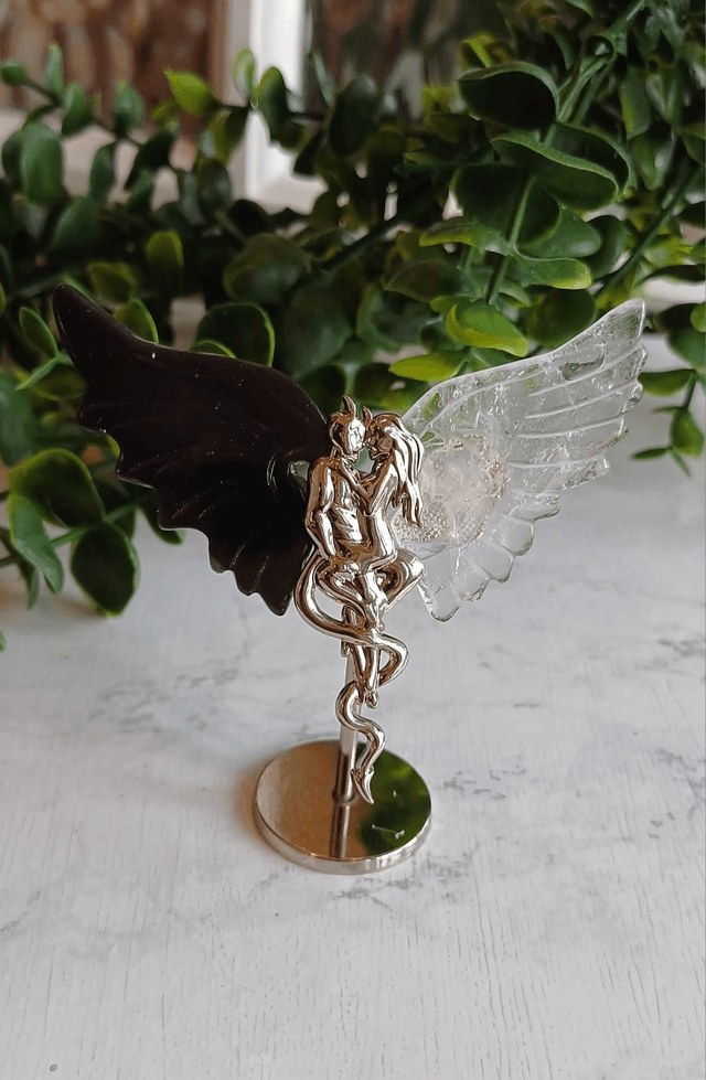Agate & Clear Quartz Angel and Demon Lover Wings on stand