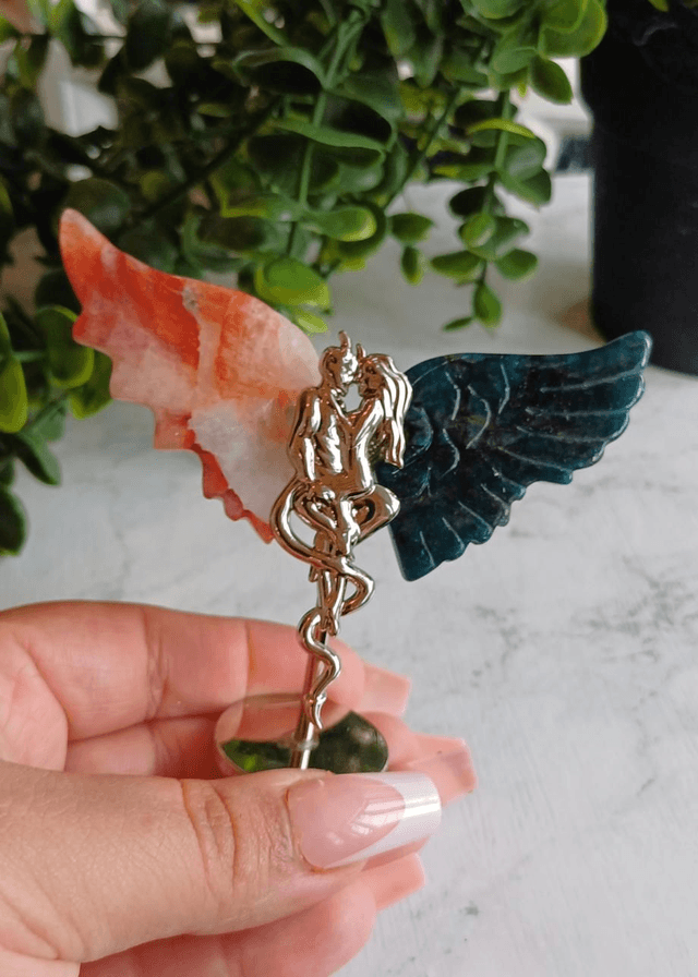 Fire Quartz & Apatite Angel and Demon Lover Wings on Stand
