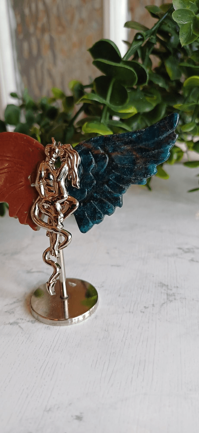 Ocean Jasper & Apatite Angel and Demon Lover Wings on Stand