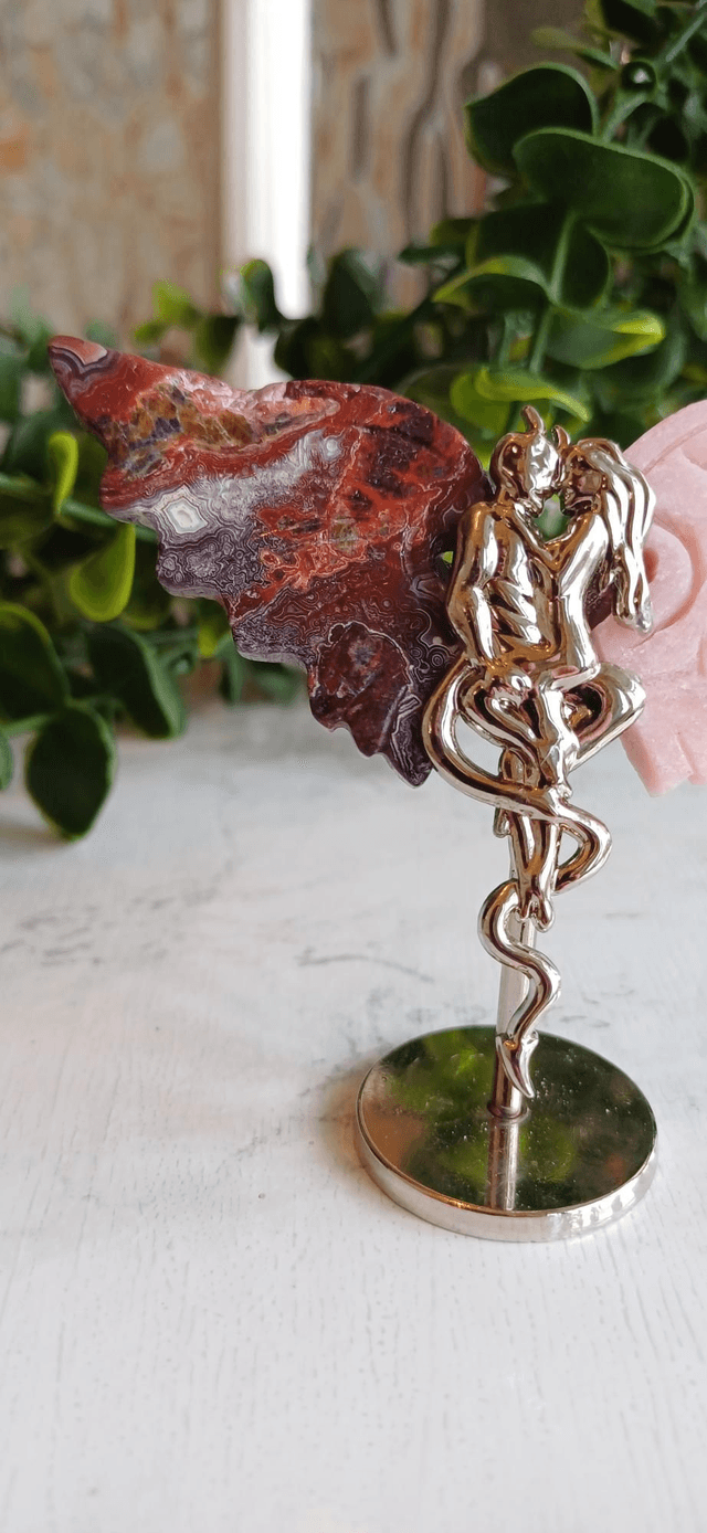 Mexican Agate & Pink Opal Angel and Demon Lover Wings on Stand