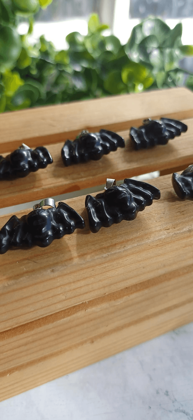 Obsidian Cute Bat Pendant with 925 silver plated chain
