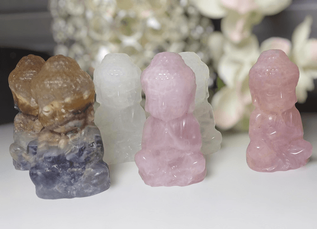 Buddha Rose Quartz, Fluorite, Clear Quartz