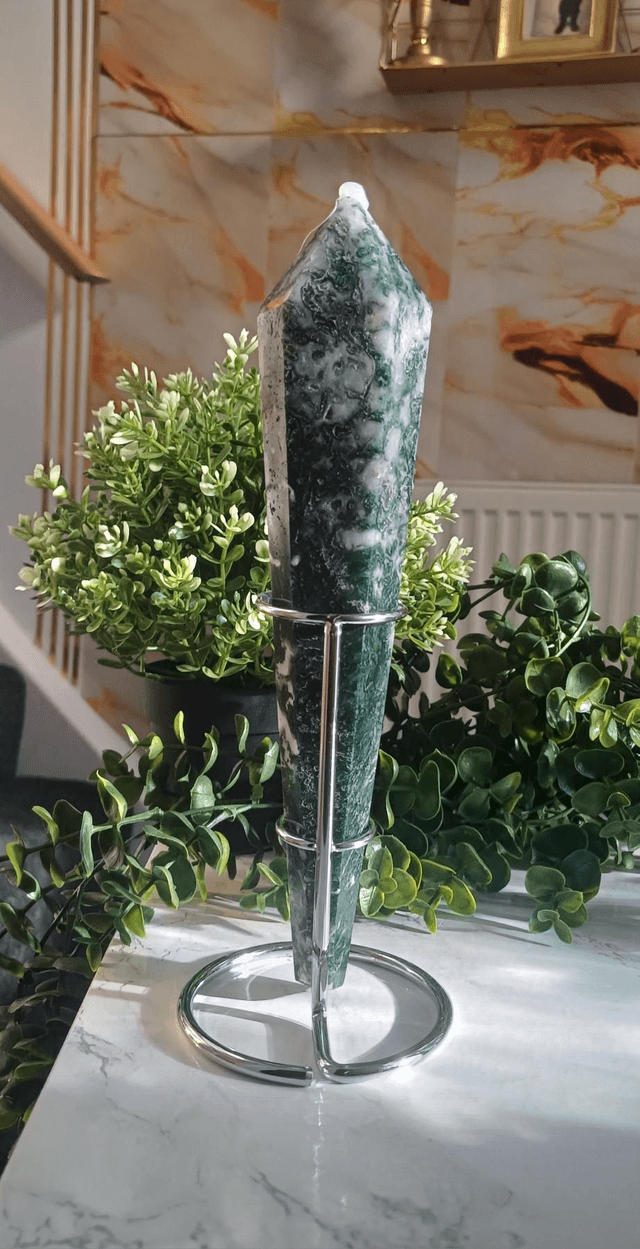 Moss Agate Wand with Silver Stand