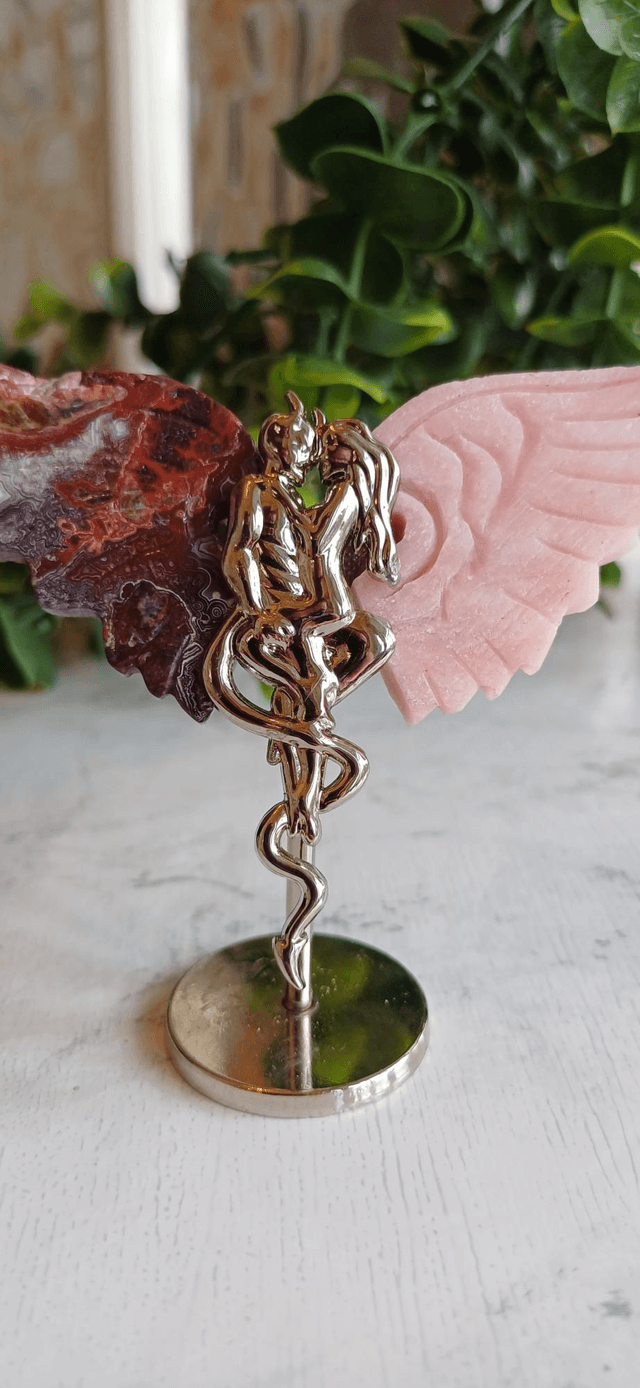 Mexican Agate & Pink Opal Angel and Demon Lover Wings on Stand