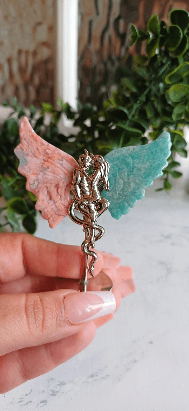 Pink Agate & Amazonite Angel and Demon Lover Wings on Stand 