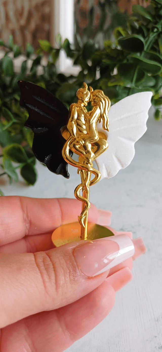 Obsidian & White Jade Angel and Demon Lover Wings on Stand