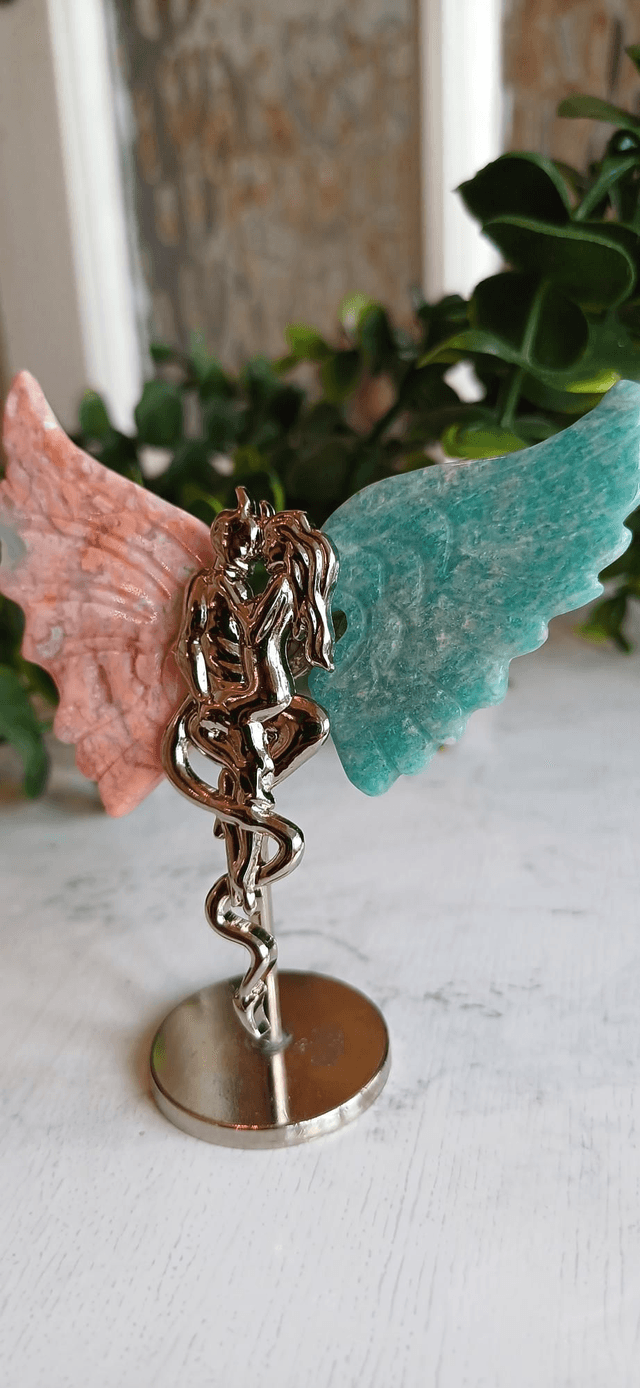 Pink Agate & Amazonite Angel and Demon Lover Wings on Stand 