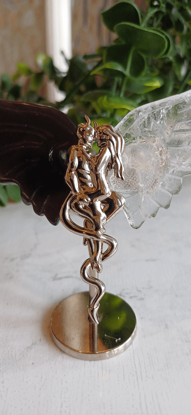 Agate & Clear Quartz Angel and Demon Lover Wings on stand