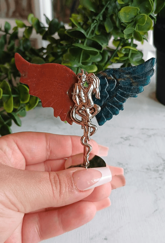 Ocean Jasper & Apatite Angel and Demon Lover Wings on Stand