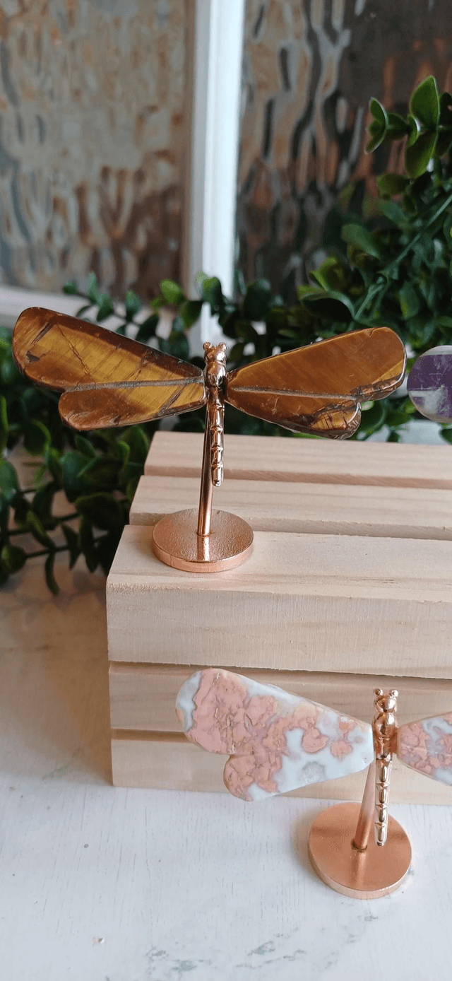 Dragonfly Wings on Gold Stand. Amethyst, Pink Agate and Tiger's Eye