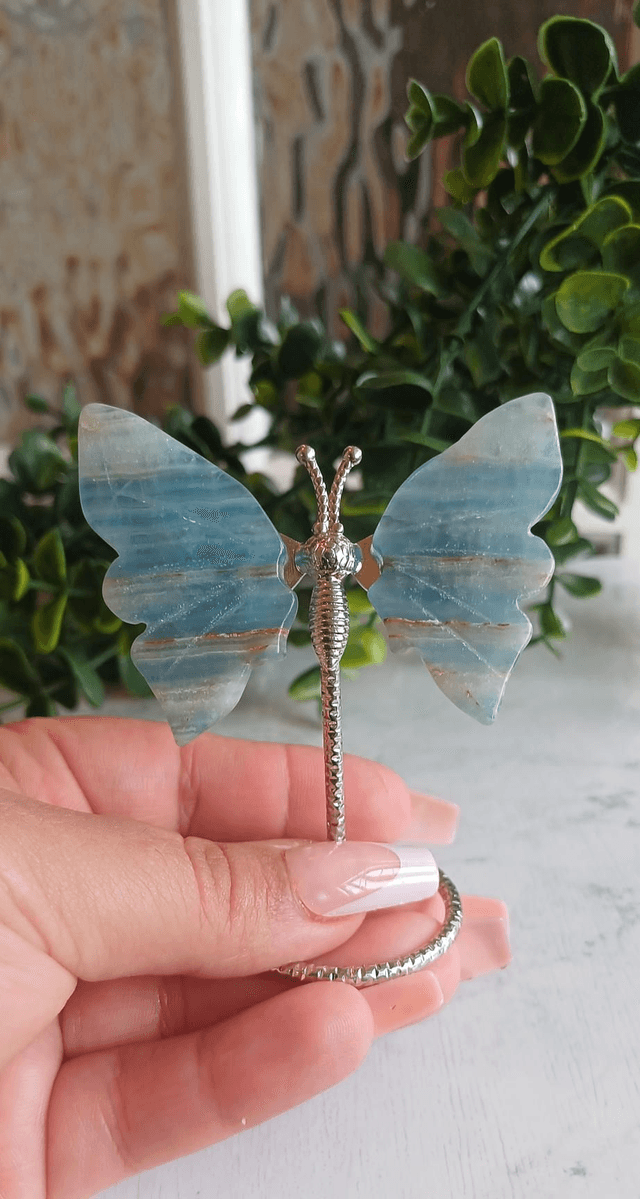 Blue Onyx Butterfly wings on Silver Stand