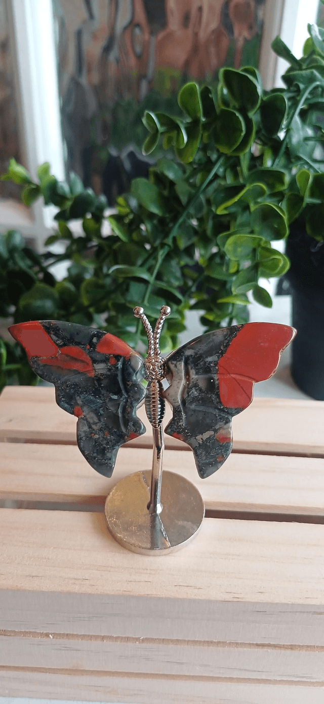 African Bloodstone Butterfly Wings on Silver Stand