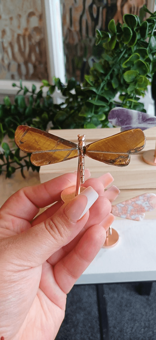 Dragonfly Wings on Gold Stand. Amethyst, Pink Agate and Tiger's Eye