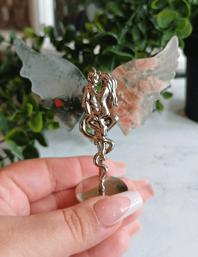 African Bloodstone & Flower Agate Angel and Demon Lover Wings on Stand
