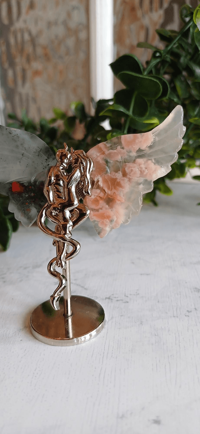 African Bloodstone & Flower Agate Angel and Demon Lover Wings on Stand