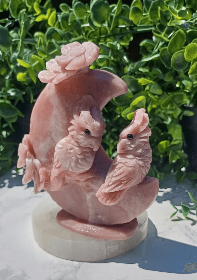 Hand Carved Pink Opal Cockatiels on a Moon