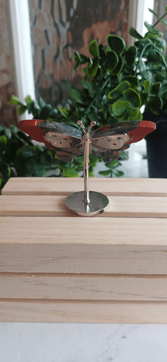 African Bloodstone Butterfly Wings on Silver Stand