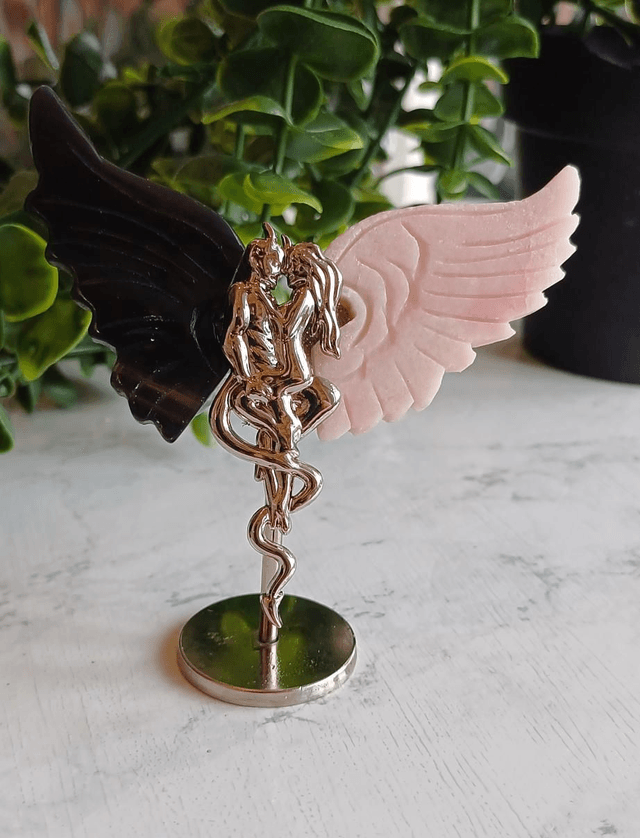 Pink Opal & Agate Angel and Demon Lover Wings on Stand