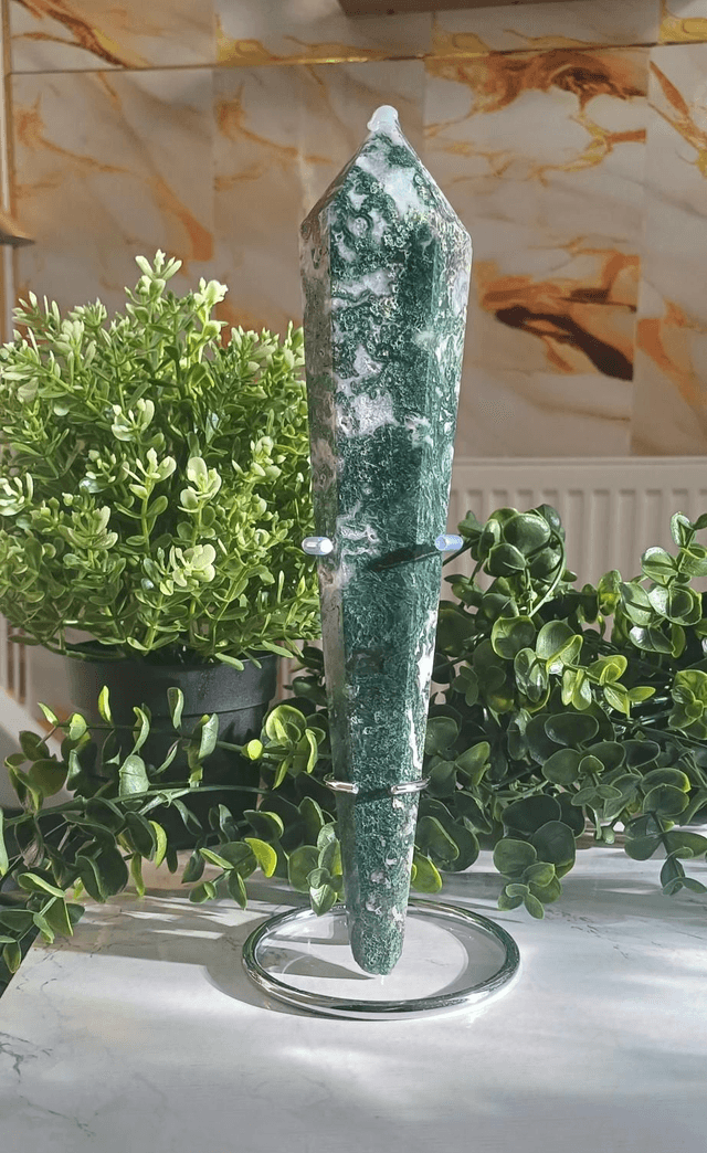 Moss Agate Wand with Silver Stand