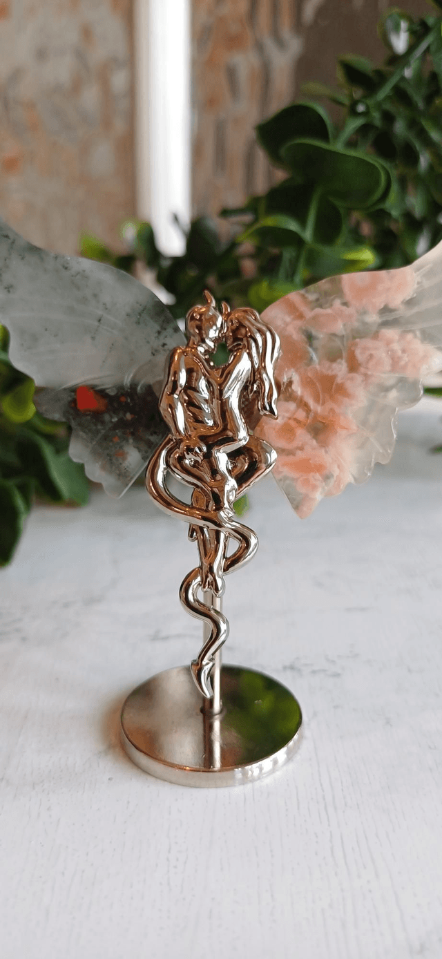 African Bloodstone & Flower Agate Angel and Demon Lover Wings on Stand