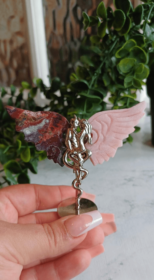 Mexican Agate & Pink Opal Angel and Demon Lover Wings on Stand