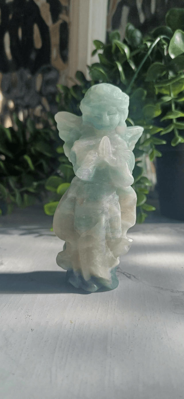 Praying Angel Carvings in Rose Quartz and Caribbean Calcite 