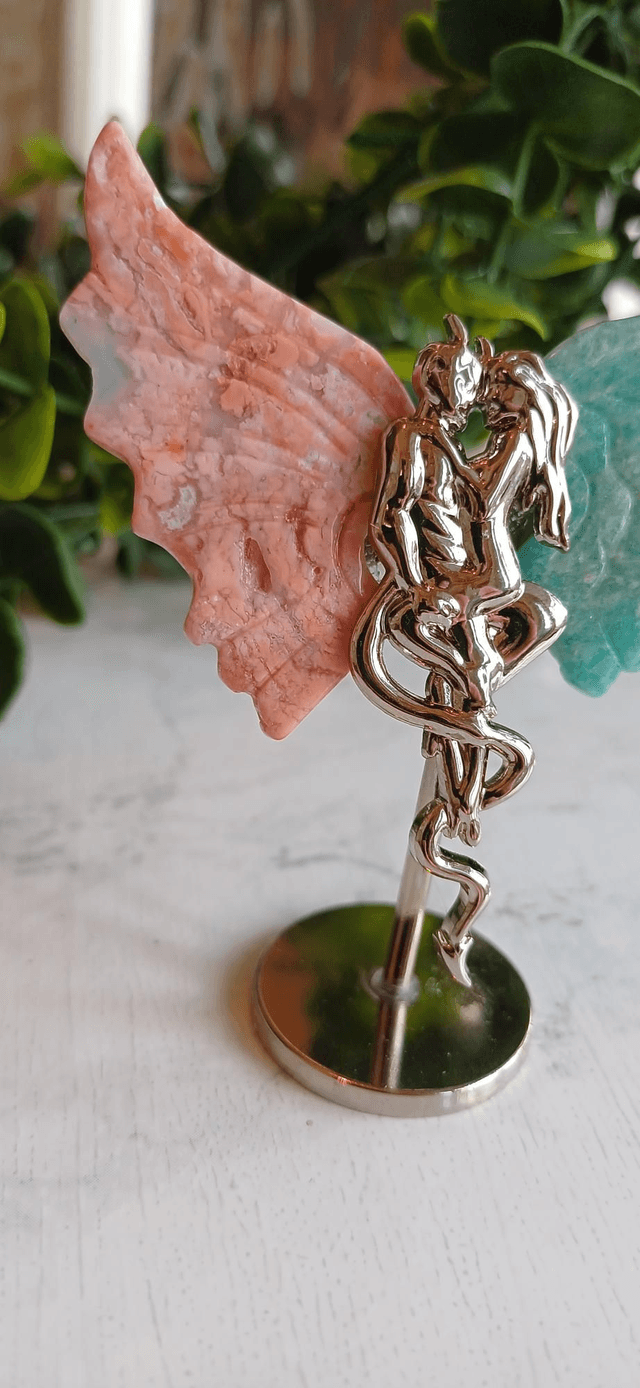 Pink Agate & Amazonite Angel and Demon Lover Wings on Stand 