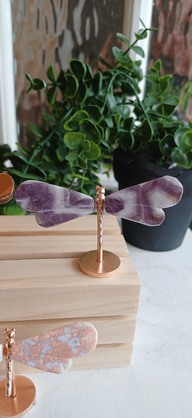 Dragonfly Wings on Gold Stand. Amethyst, Pink Agate and Tiger's Eye