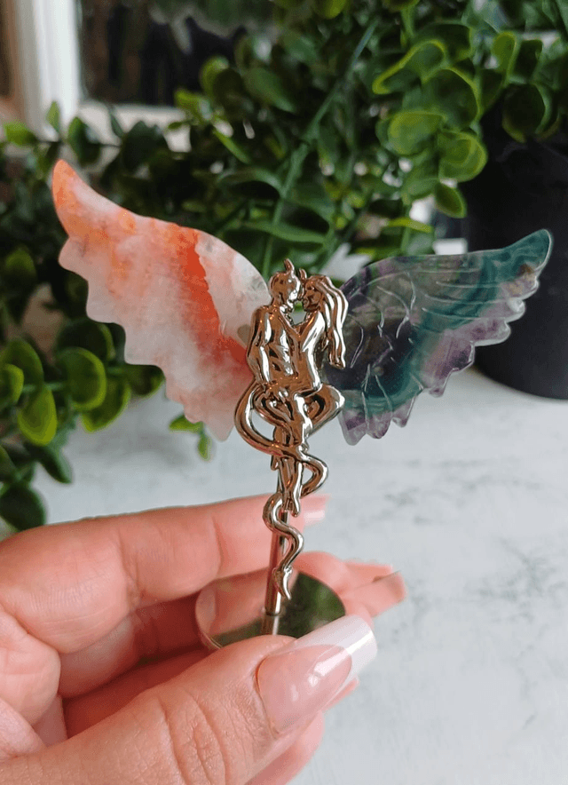 Fire Quartz & Fluorite Angel and Demon Lover Wings on Stand
