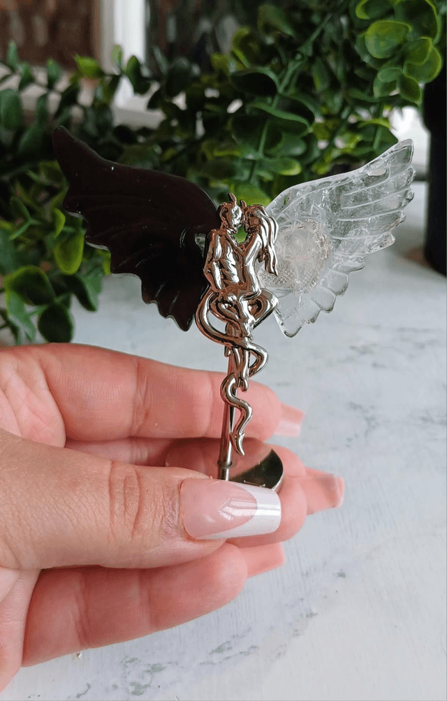 Agate & Clear Quartz Angel and Demon Lover Wings on stand