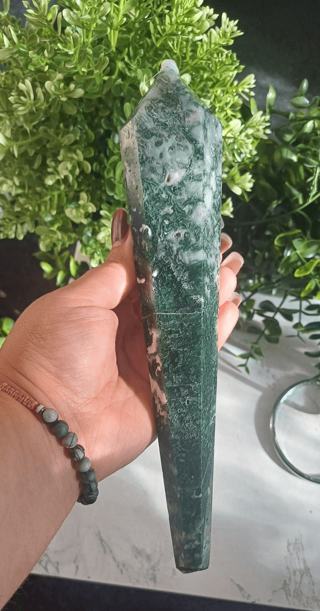 Moss Agate Wand with Silver Stand