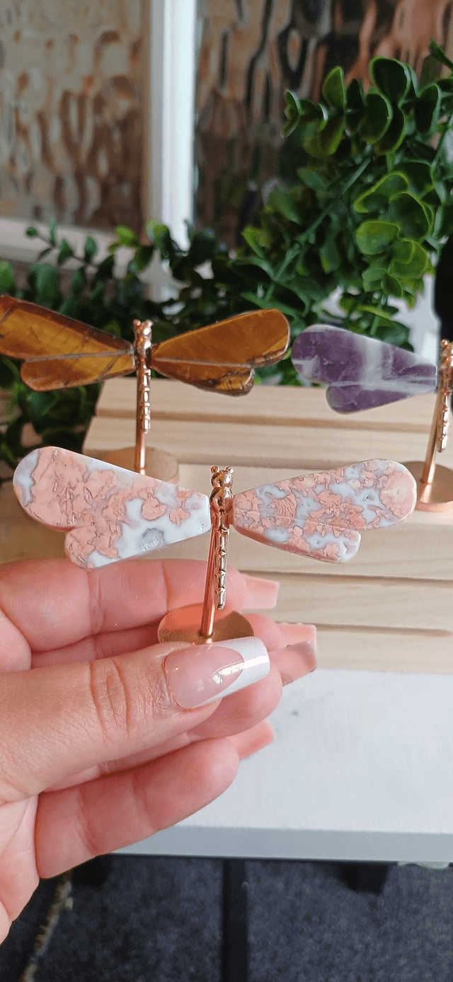 Dragonfly Wings on Gold Stand. Amethyst, Pink Agate and Tiger's Eye