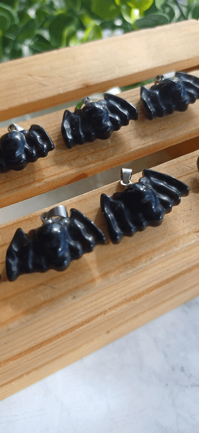 Obsidian Cute Bat Pendant with 925 silver plated chain