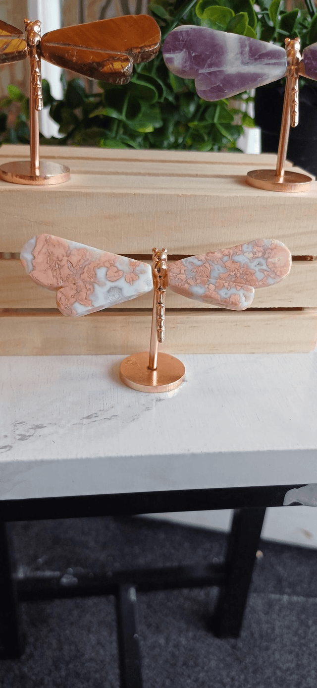 Dragonfly Wings on Gold Stand. Amethyst, Pink Agate and Tiger's Eye
