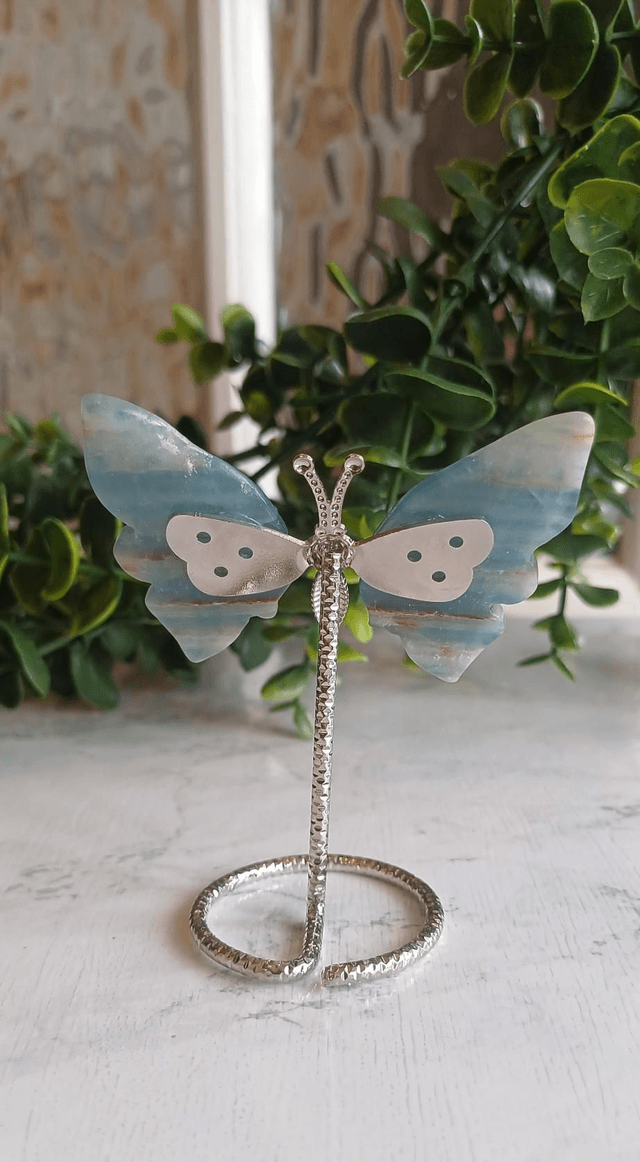 Blue Onyx Butterfly wings on Silver Stand