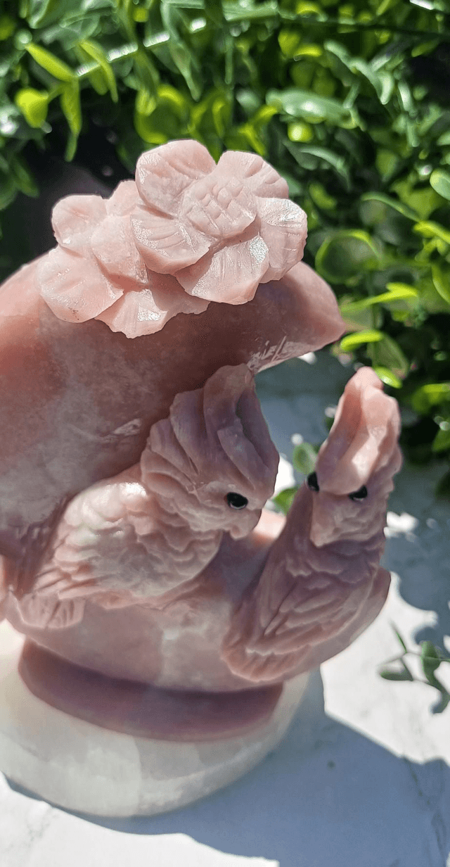 Hand Carved Pink Opal Cockatiels on a Moon