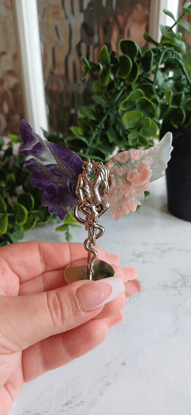 Amethyst & Flower Agate Angel and Demon Lover Wings on stand