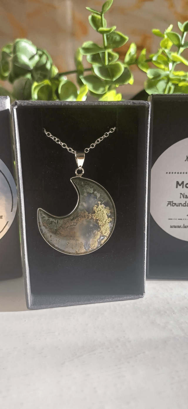 Large Moss Agate Crescent Moon Necklace