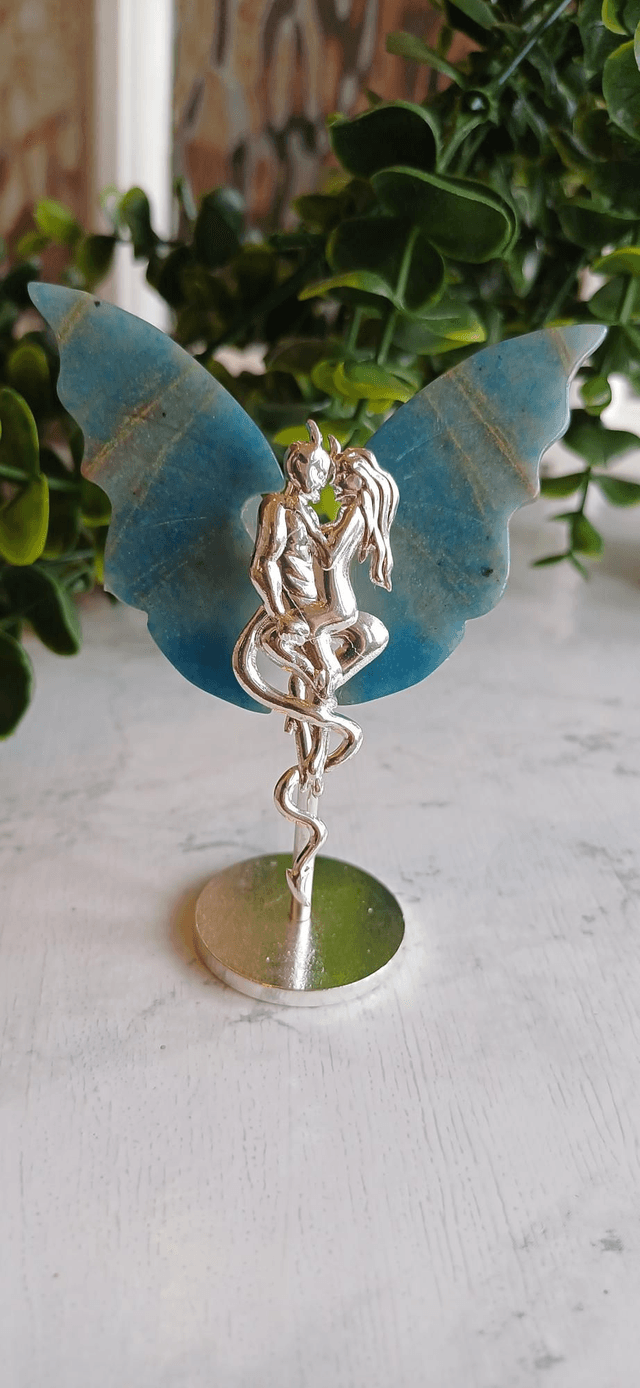 Blue Onyx Angel and Demon Lover Wings on Stand