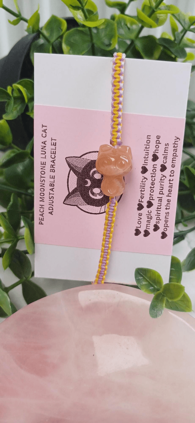 Peach Moonstone Luna Cat Adjustable Bracelet 