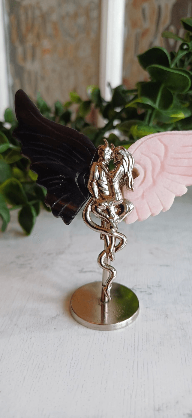 Pink Opal & Agate Angel and Demon Lover Wings on Stand