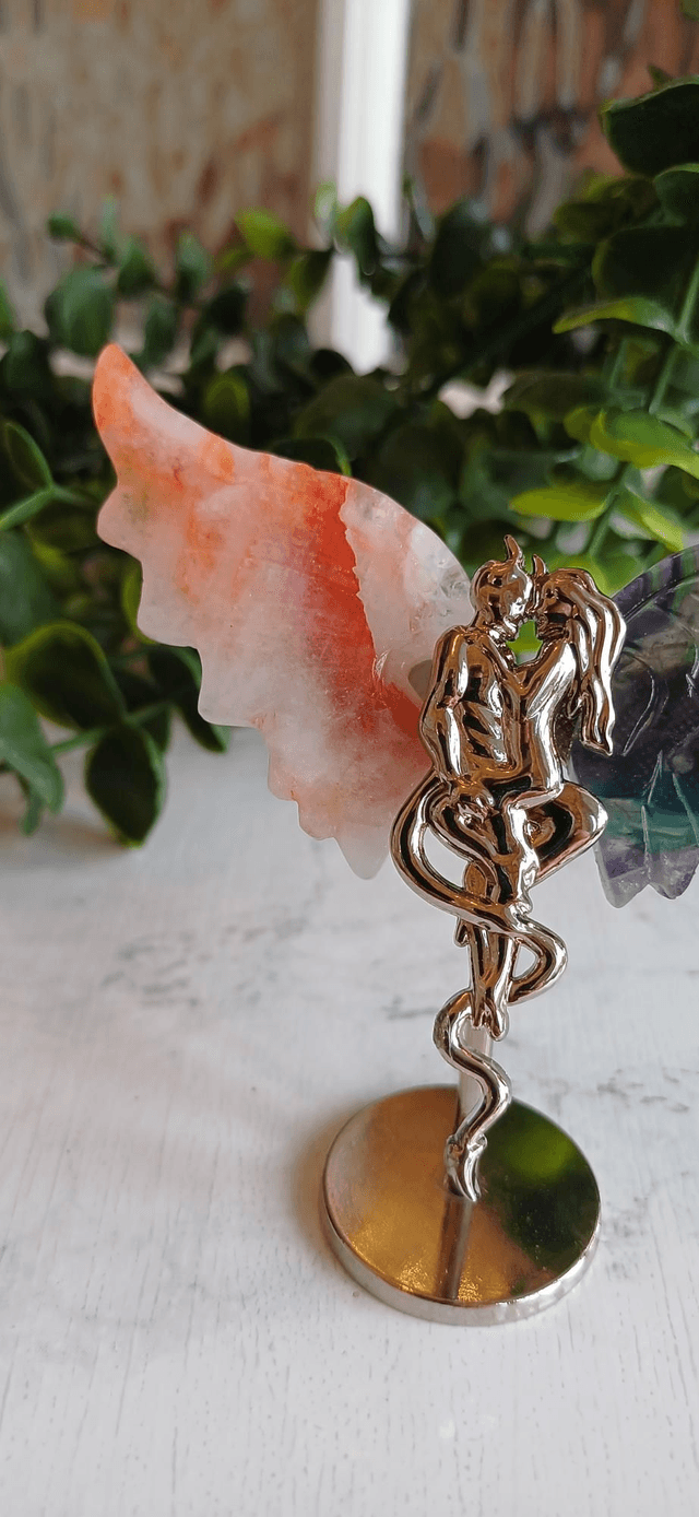 Fire Quartz & Fluorite Angel and Demon Lover Wings on Stand