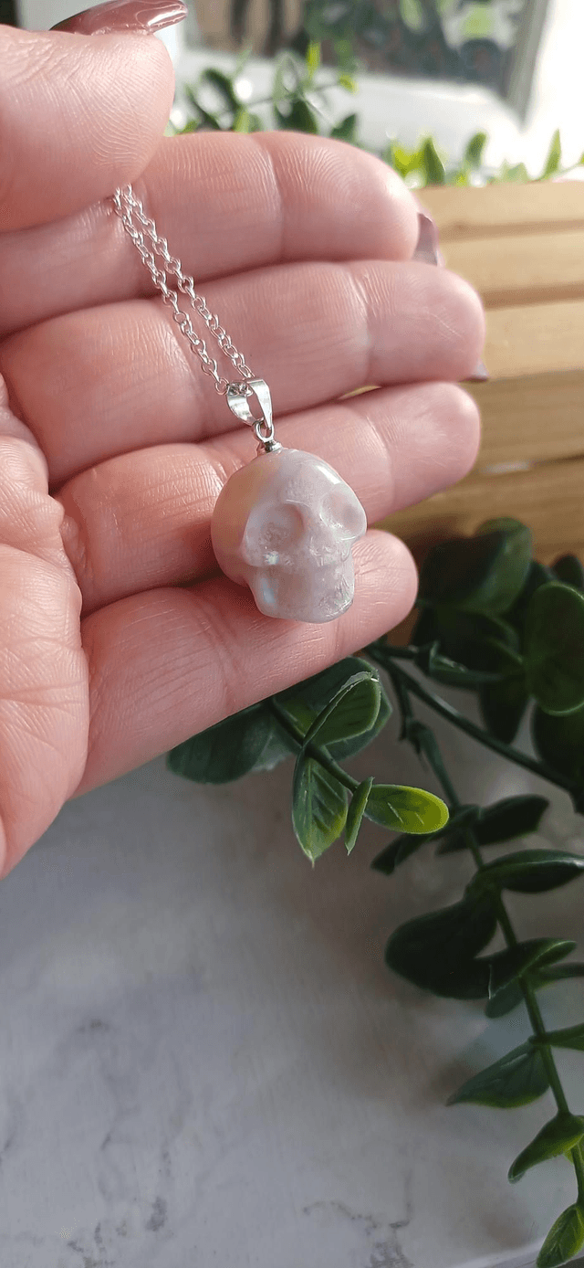 Flower Agate Skull Pendant on 925 Silver Plated chain
