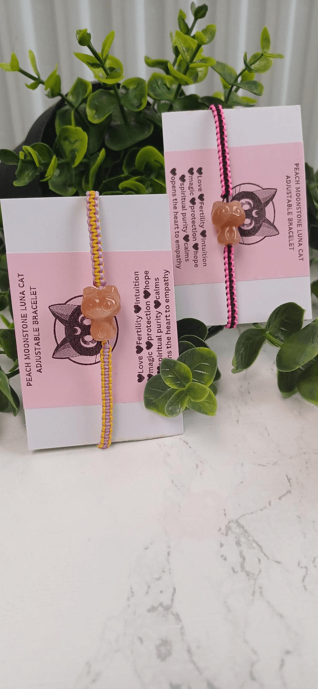 Peach Moonstone Luna Cat Adjustable Bracelet 