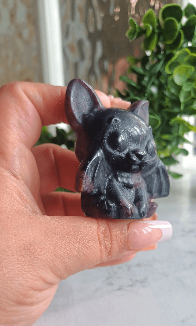 Garnet and Arfvedsonite Cute Bat Carving