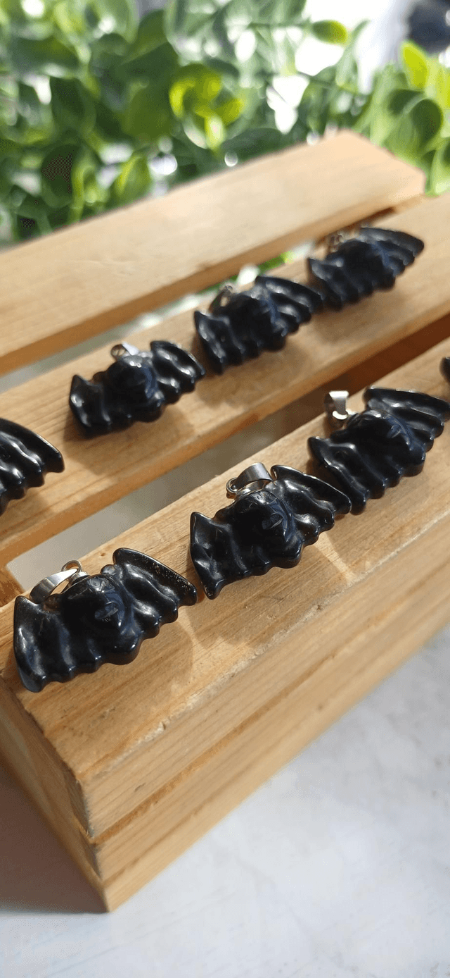 Obsidian Cute Bat Pendant with 925 silver plated chain