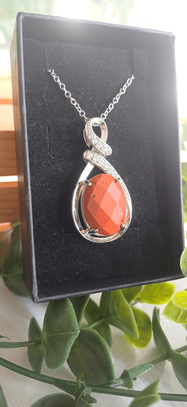 Faceted Red Jasper Pendant on 925 silver plated chain.